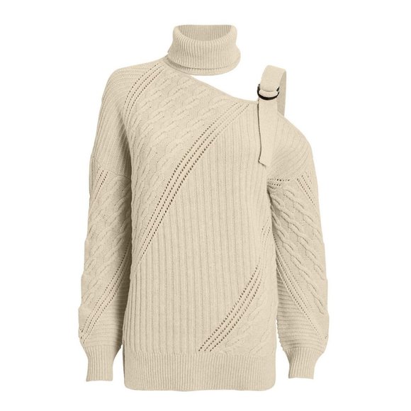 Sweaters - Cold Shoulder Turtleneck Sweater Pullover creme